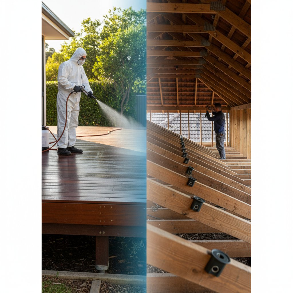 Termite protection treatment being applied to timber decking structure in Singapore